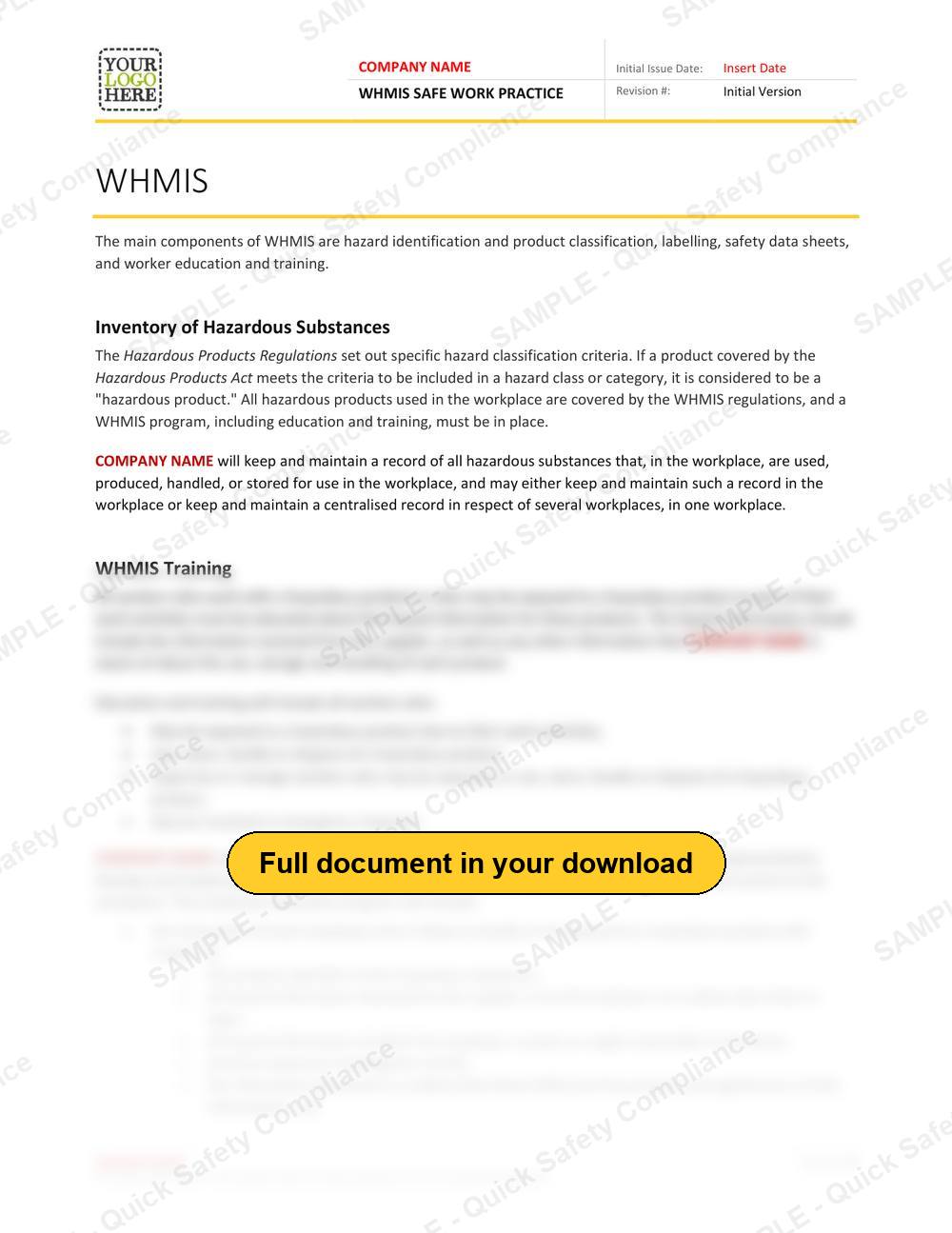 Top of page 1 of the WHMIS Safe Work Practice