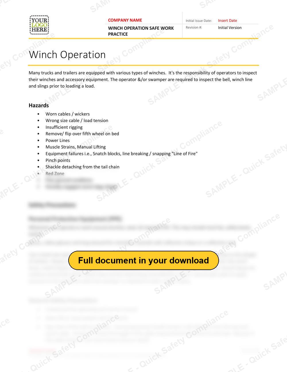Top of page 1 of the Winch Operation Safe Work Practice