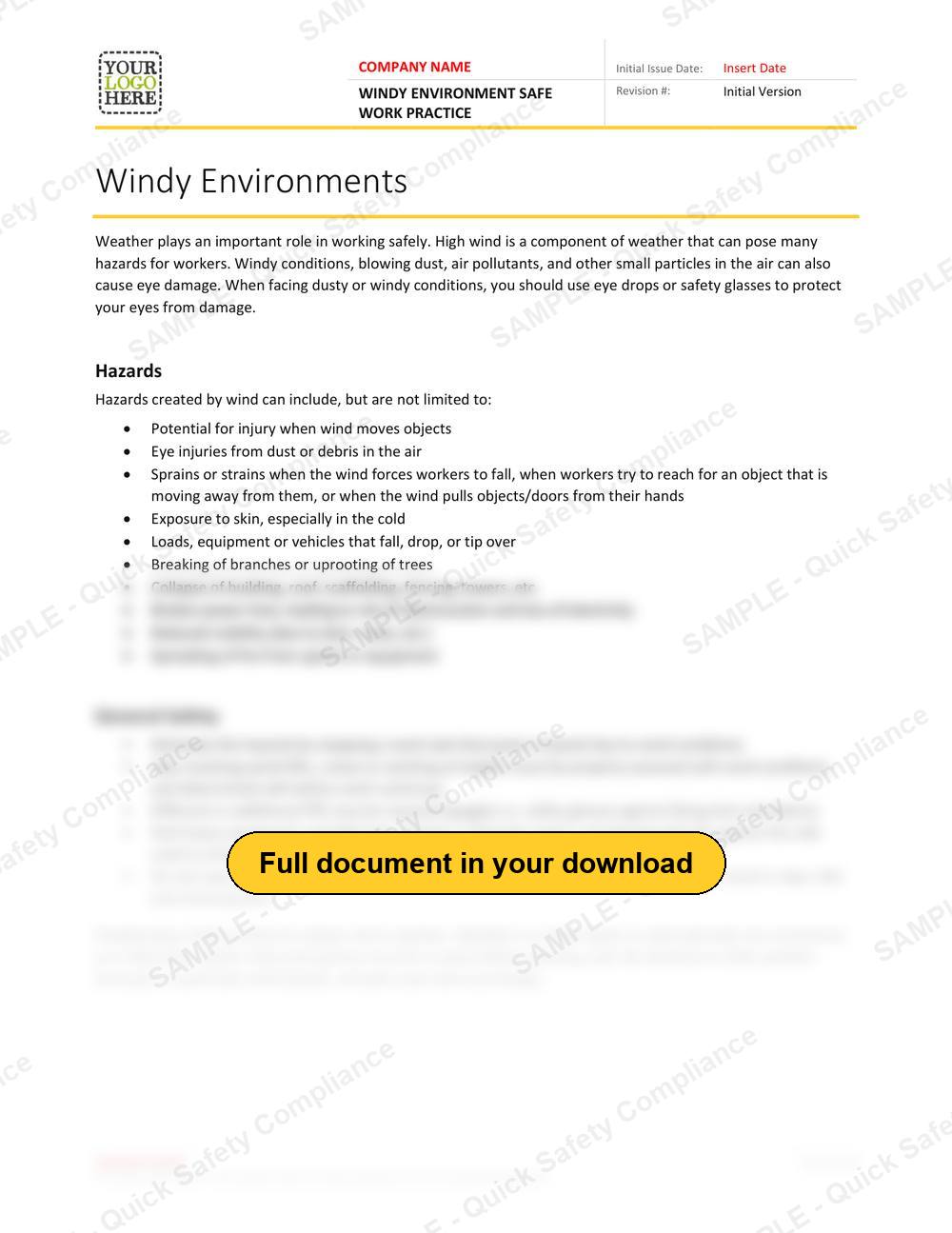 Top of page 1 of the Windy Environment Safe Work Practice