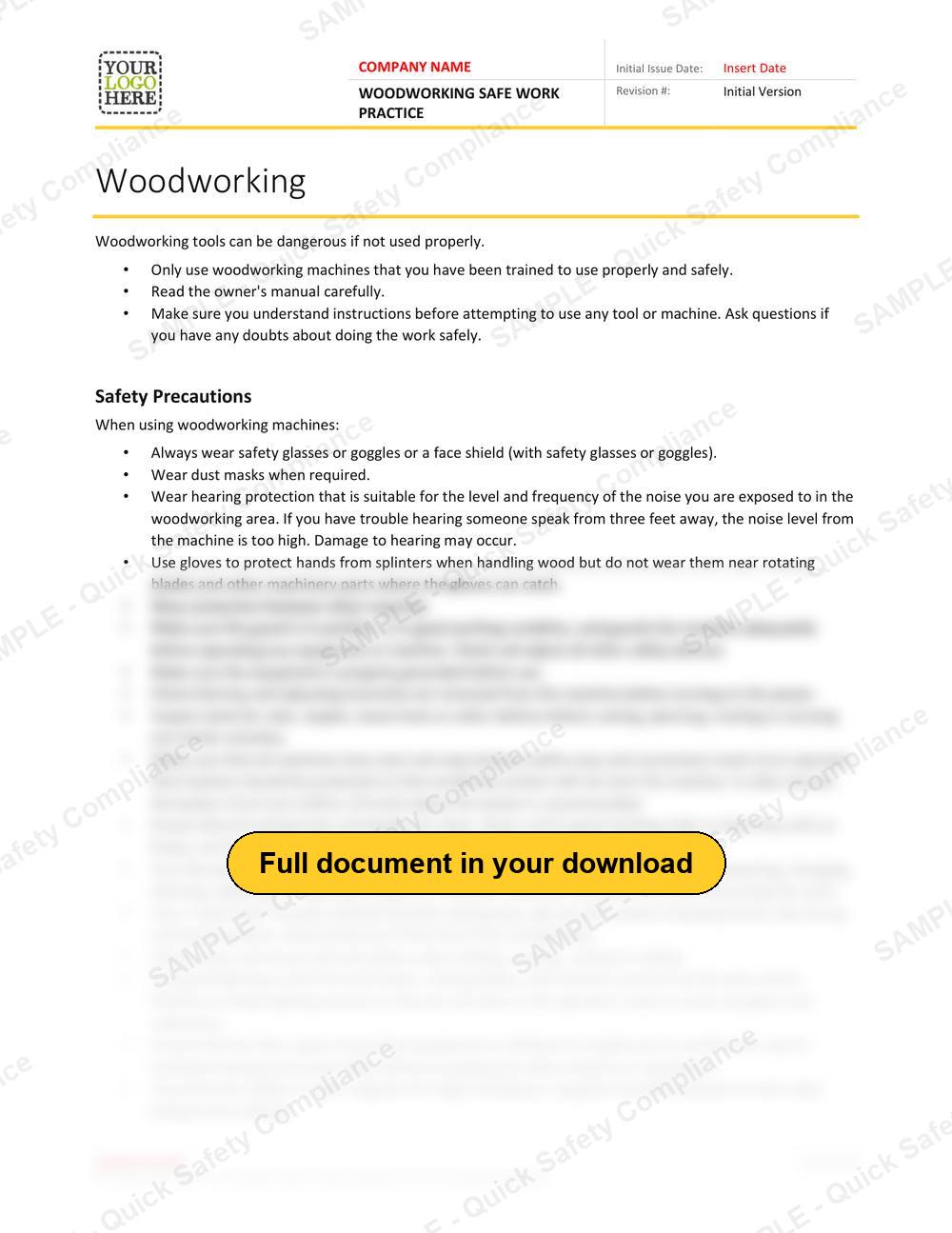 Top of page 1 of the Woodworking Safe Work Practice
