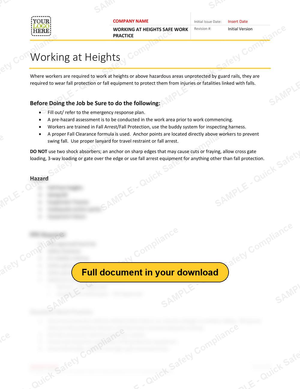 Top of page 1 of the Working at Heights Safe Work Practice