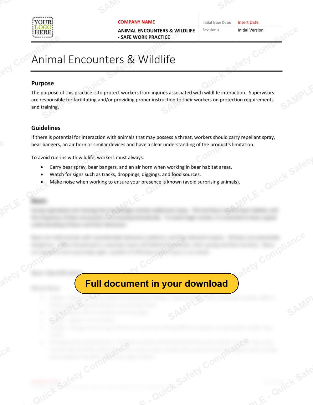 Top of page 1 of the Animal Encounters & Wildlife Safe Work Practice