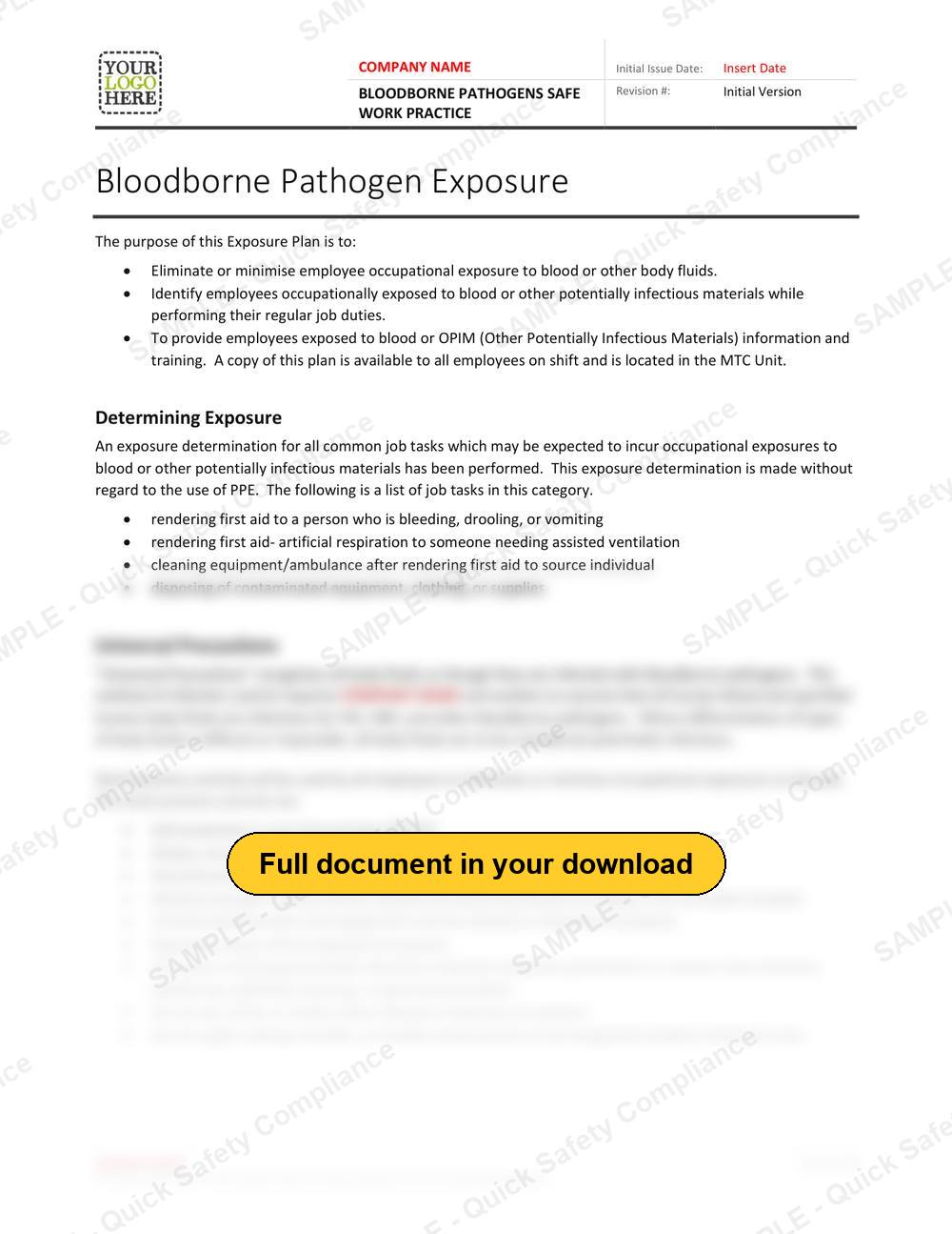 Top of page 1 of the Bloodborne Pathogens Safe Work Practice