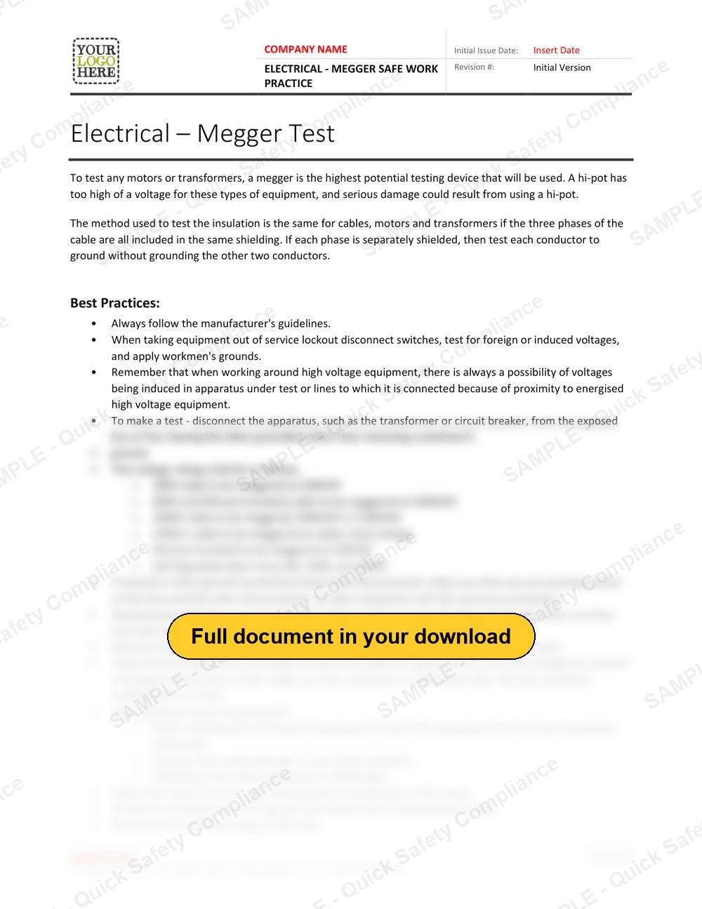 Top of page 1 of the Electrical - Megger Safe Work Practice