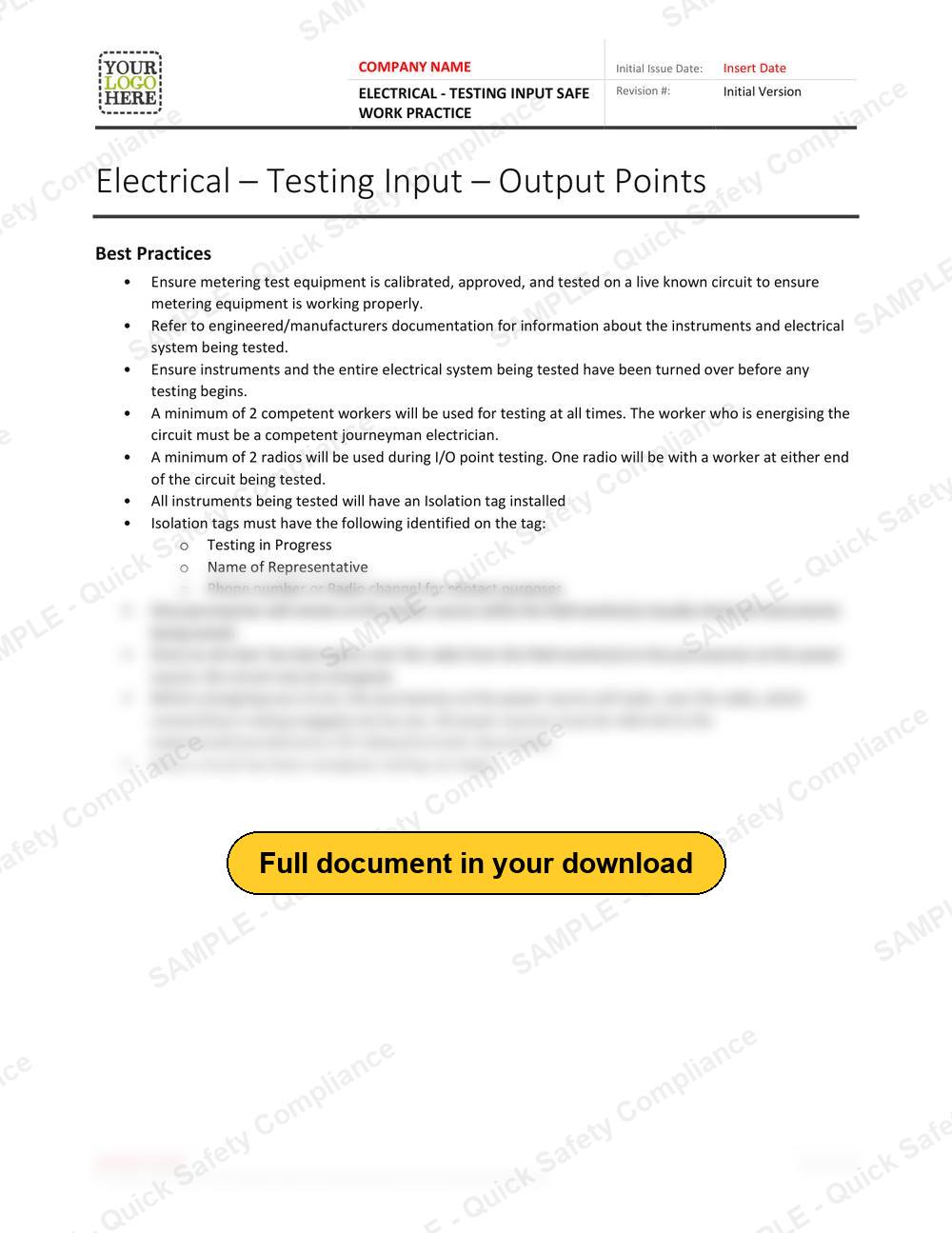 Top of page 1 of the Electrical - Testing Input Safe Work Practice