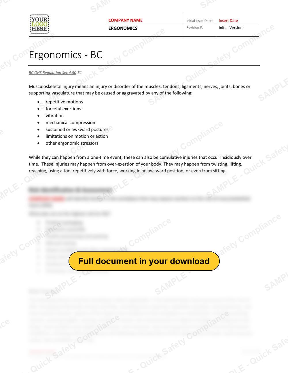Top of page 1 of the Ergonomics RAVS - British Columbia