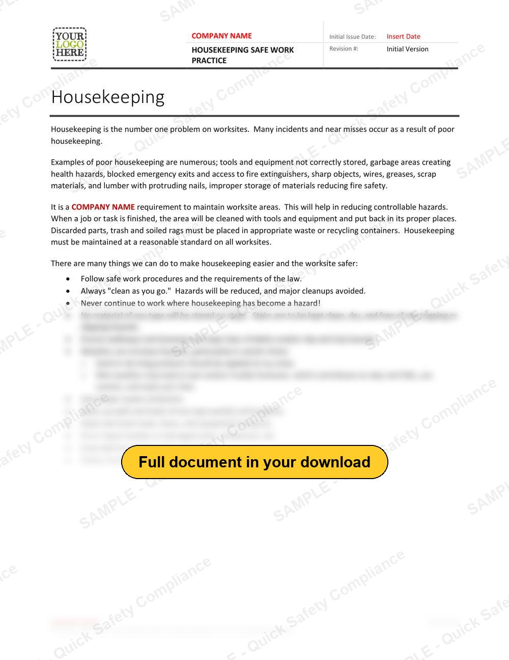 Top of page 1 of the Housekeeping Safe Work Practice