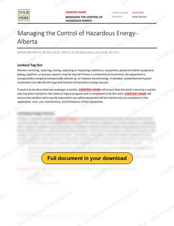 Managing the Control of Hazardous Energy RAVS - Alberta: Managing the Control of Hazardous Energy - Alberta RAVS, page 1 of 3