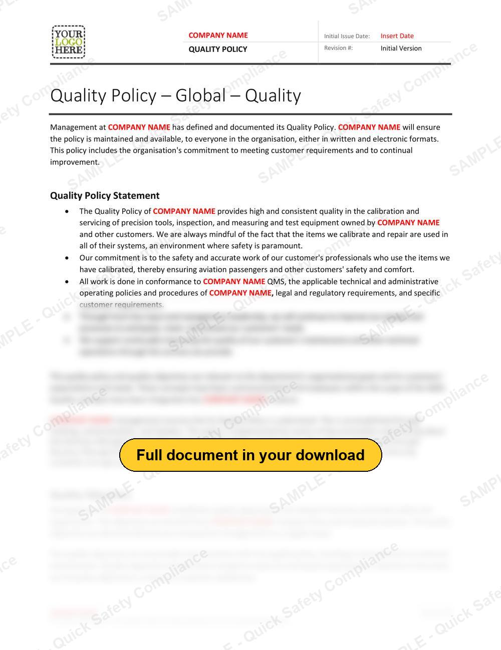 Top of page 1 of the Quality Policy RAVS - Quality