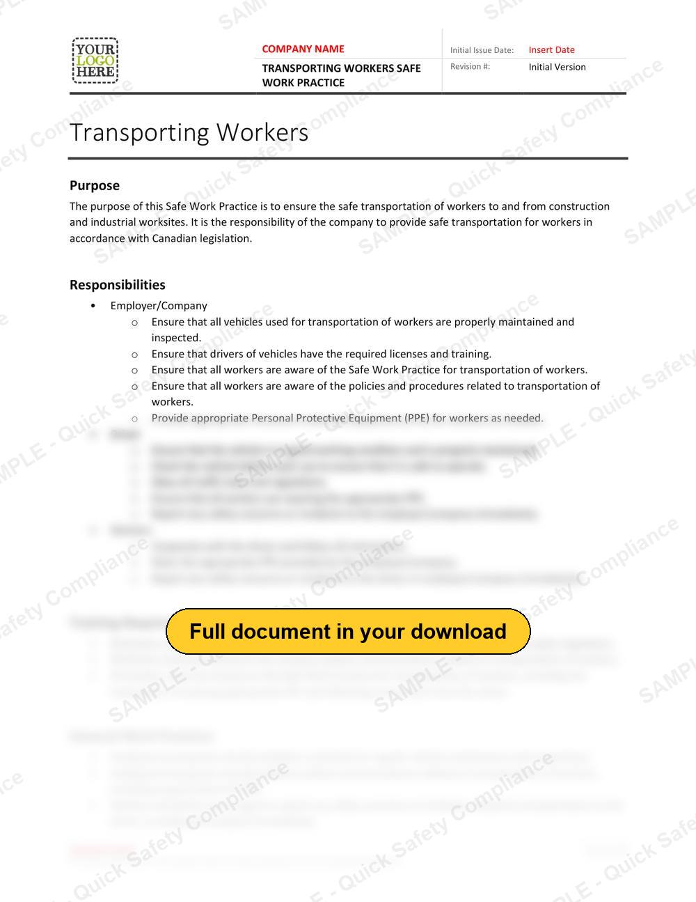 Top of page 1 of the Transporting Workers Safe Work Practice
